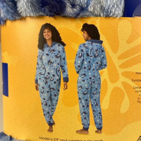 Disney Other - Disney Stitch One Piece Pajama Women’s Large Blue Plush Hooded Onesie NWT